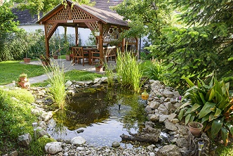 Garden pond and seating area